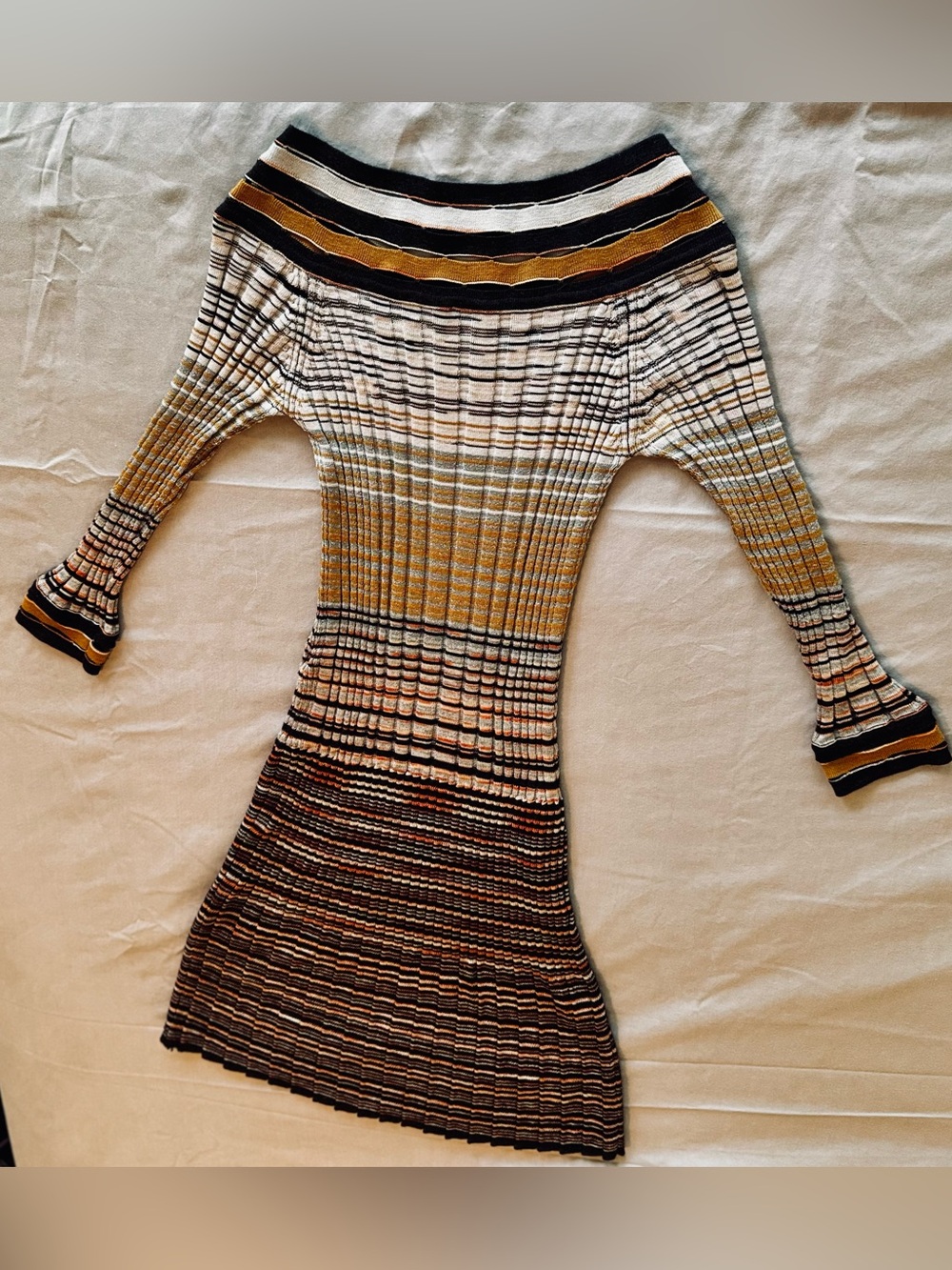 MISSONI Fitted Metallic Silver Black Gold Striped Ribbed Knit Midi Dress w Slip - Picture 11 of 16